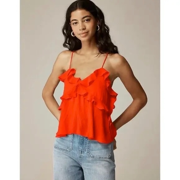 J. CREW Drapey Ruffle Tank Top Airy Chiffon Orange Red Gauzy Ruffles X-Large - Picture 1 of 15